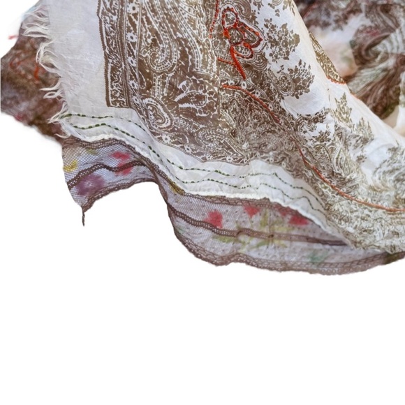 Stunning Silk Tan Orange Sete De Jaipur Mixed Media Mesh Embroidered Silk Scarf - Picture 11 of 15